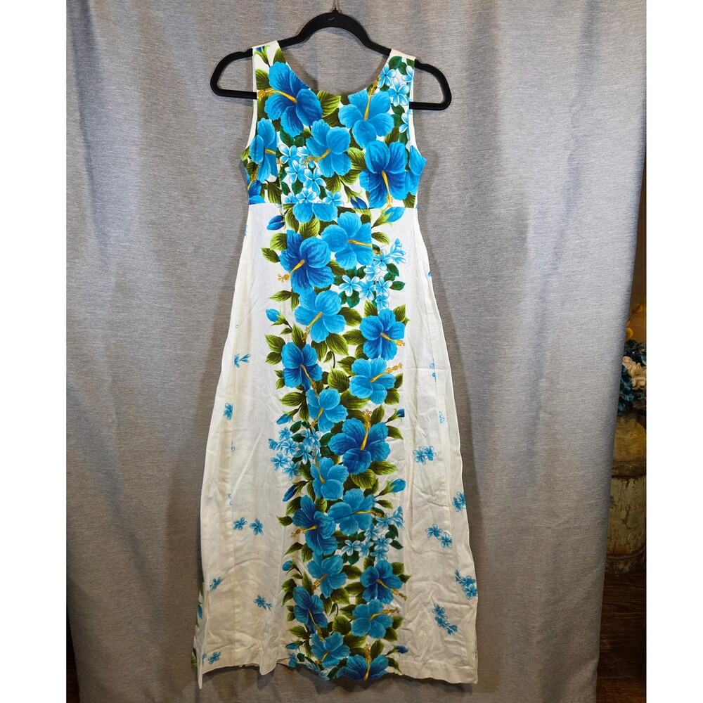 Vintage 70s Ui-Maikai Barkcloth Blue White Floral Maxi Dress Hibiscus Sm *READ*